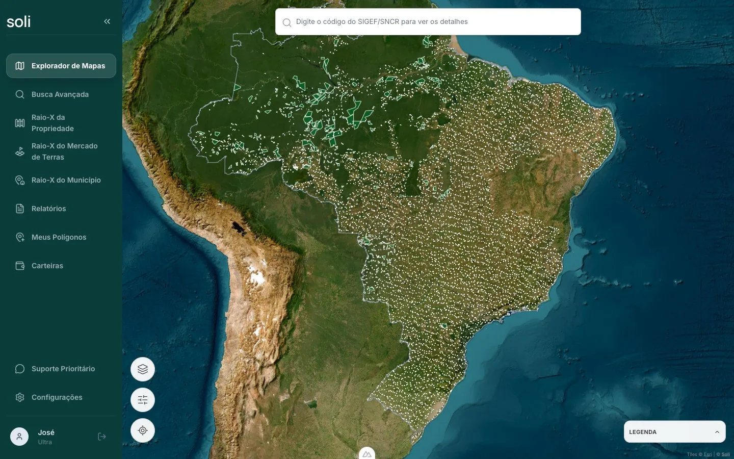 Explorador de mapas da Soli com o território brasileiro em imagem de satélite